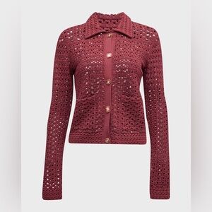 Jewel-Button Crochet Knit Collared Cardigan